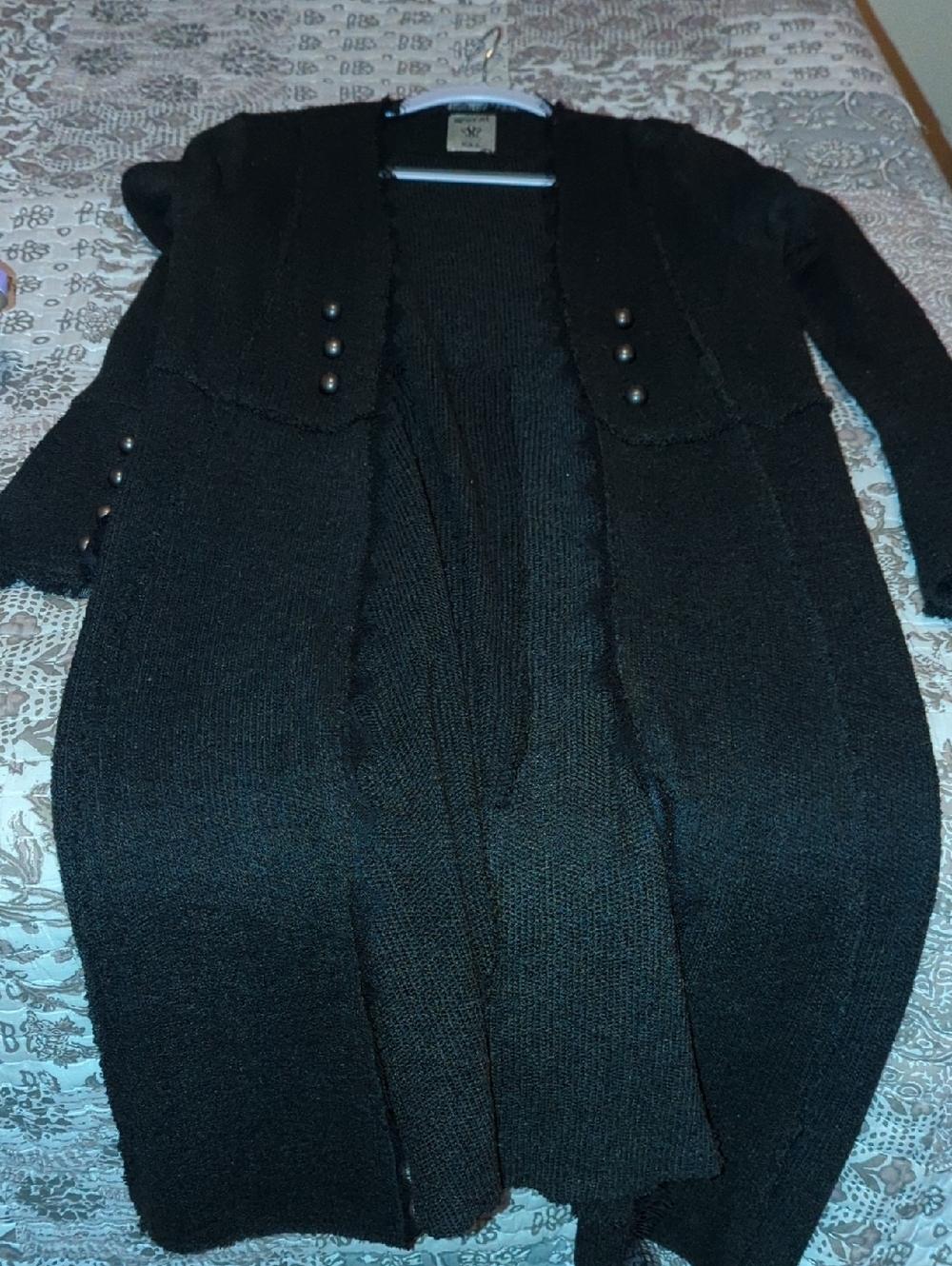 Vocal Black Long Open-Front Cardigan with Decorative Buttons